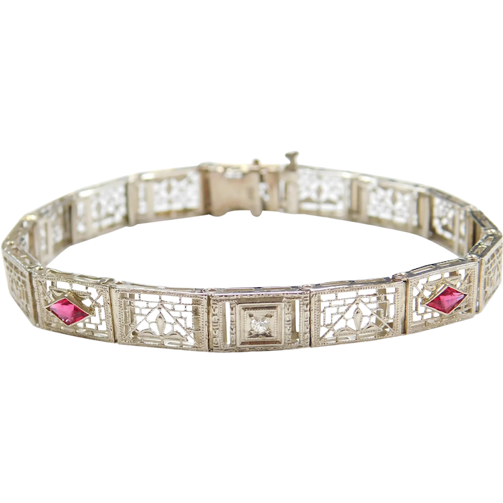 Art Deco Filigree Bracelet 14k – Diamond and Red Paste