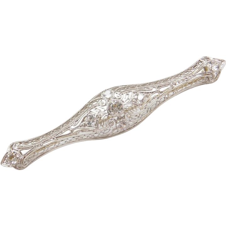 Art Deco Filigree White Spinel Bar Pin or Brooch