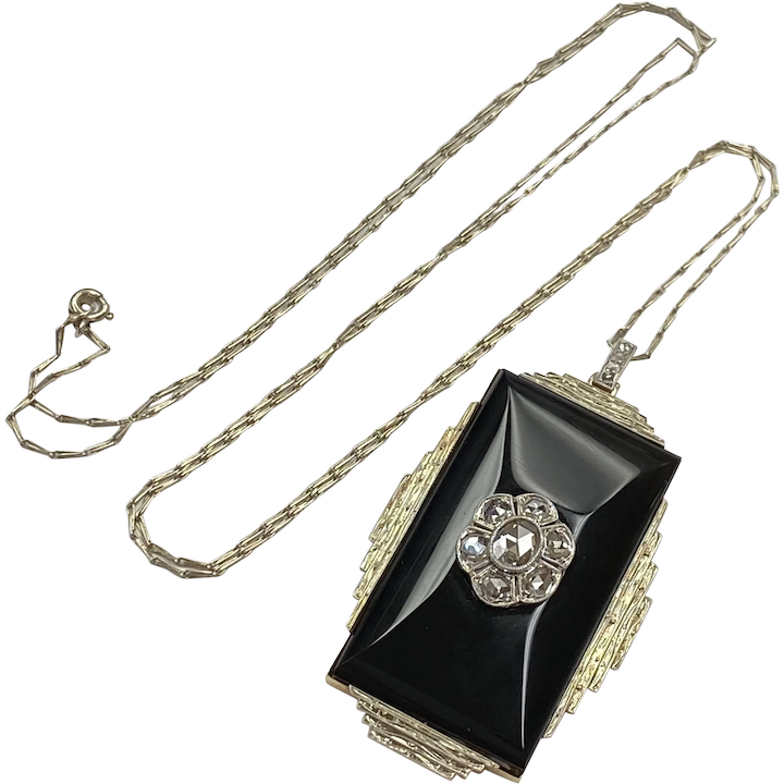 Art Deco Pendant Necklace Rose Cut Diamond, Onyx, Two-Tone 18K Platinum