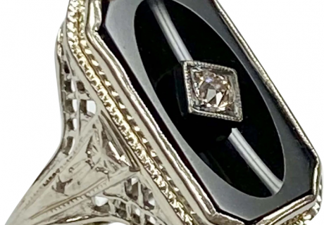 Art Deco Ring Onyx & Mine Cut Diamond 18K White Gold