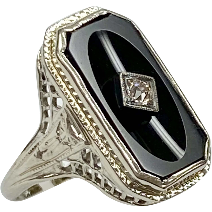 Art Deco Ring Onyx & Mine Cut Diamond 18K White Gold, Filigree