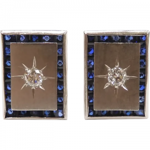 Rectangular Art Deco Sapphire and Diamond Stud Earrings 18k