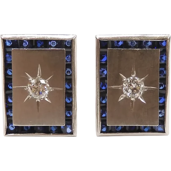 Rectangular Art Deco Sapphire and Diamond Stud Earrings 18k