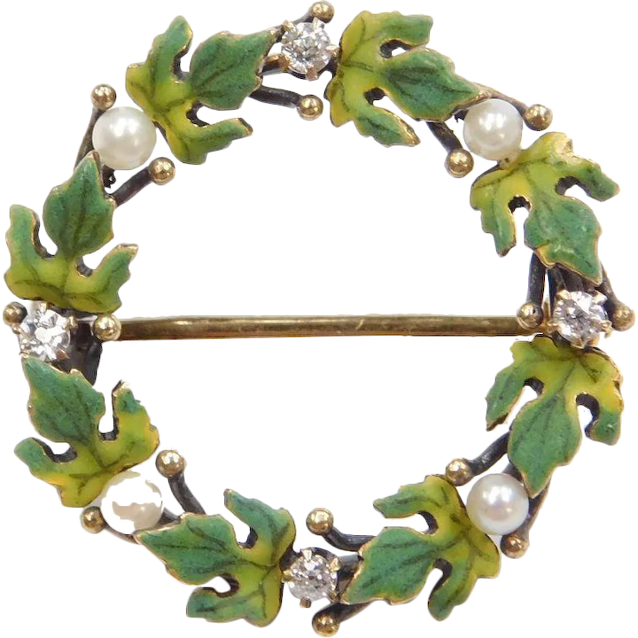 Art Nouveau Leaf Seed Pearl and Diamond Circle Brooch