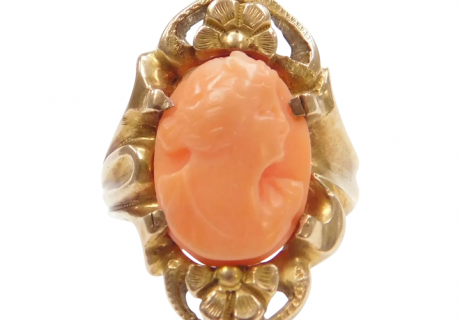 Art Nouveau Carved Angel Skin Coral Cameo Flower Ring