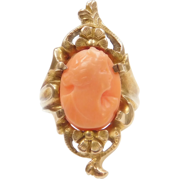 Art Nouveau Carved Angel Skin Coral Cameo Flower Ring
