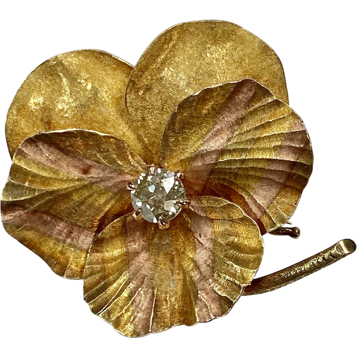 Art Nouveau PANSY Pendant Brooch 14K Gold and Diamond .50 Carat Mine Cut