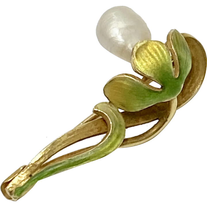 Art Nouveau Victorian Flower Pin 14K Gold Shaded Enameling & Pearl