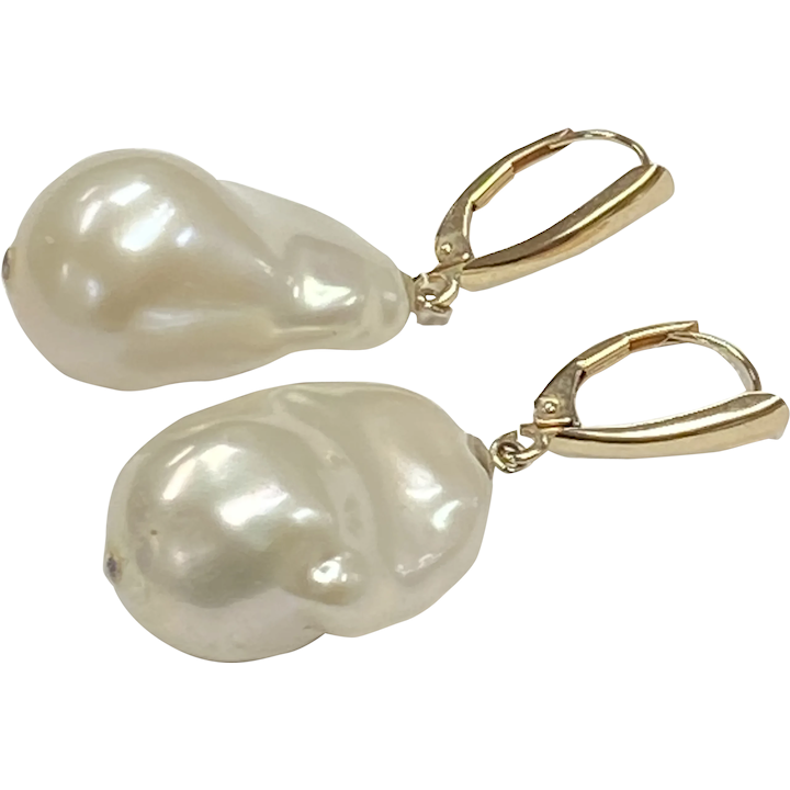 Awesome BIG Baroque Pearl 23 mm Dangle Earrings 14K Gold