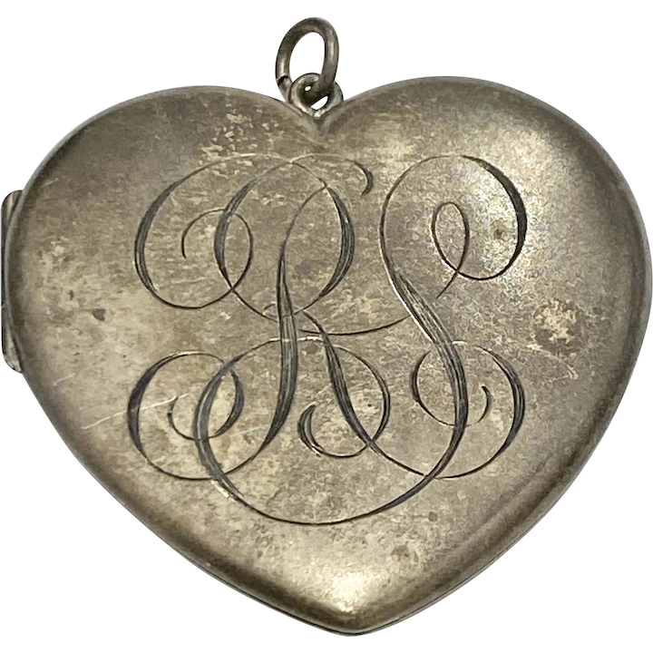 BIG Edwardian Heart Locket Pendant Sterling Silver, Engraved R S