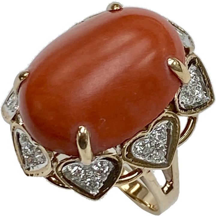 BIG Red Coral & Diamond Vintage Ring 14K Two-Tone Gold, Mid-Century