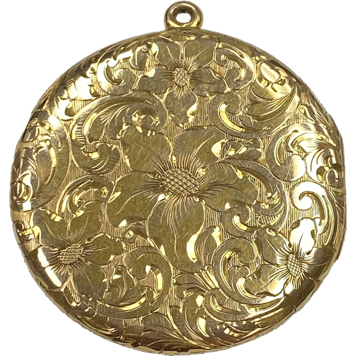 BIG Victorian Round Locket Pendant 14K Gold Hand Engraved