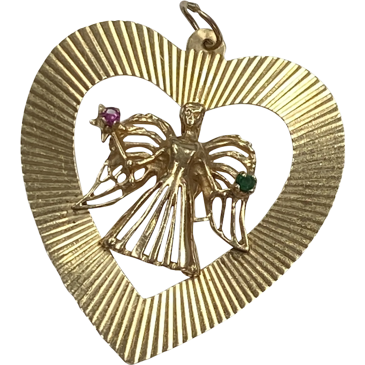 BIG Vintage Heart Charm with Jeweled Angel 14K Gold Ruby and Emerald