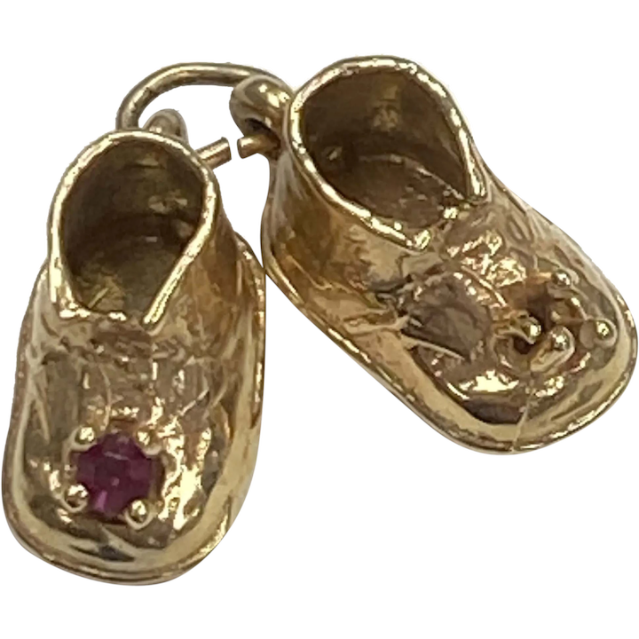 Baby Shoes Vintage Charm 14K Gold & Ruby Three-Dimensional