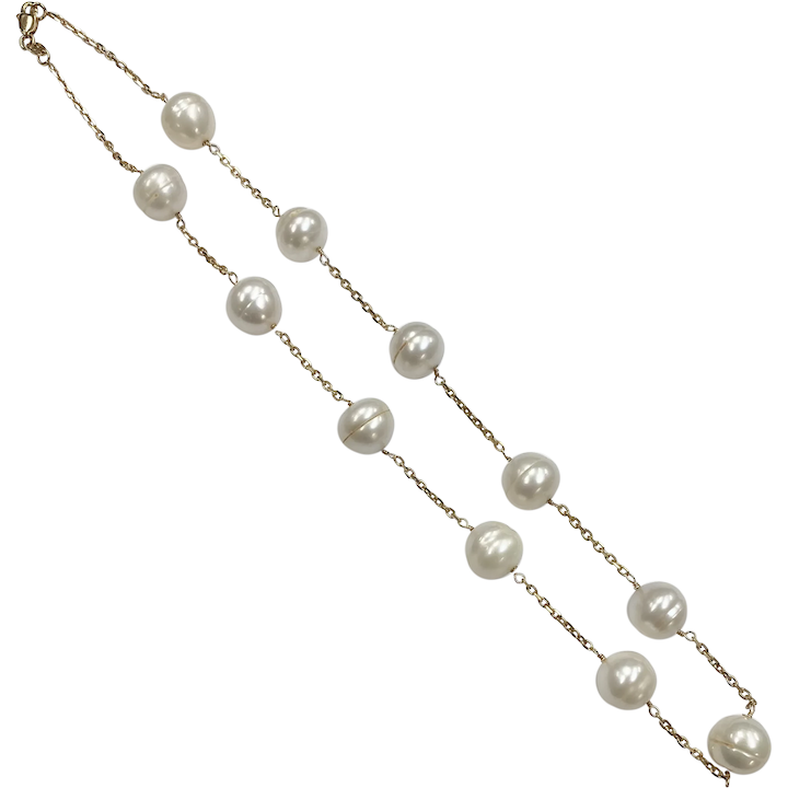 Baroque Cultured Pearl Station Necklace 10.5mm 14K Gold