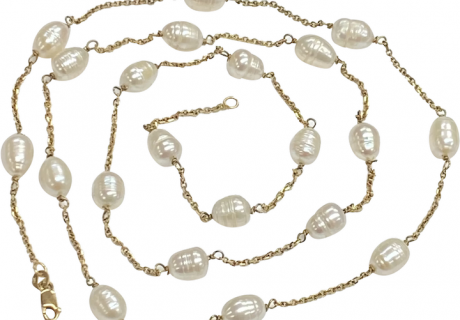 Baroque Cultured Pearl Station Necklace 8.3 to 10.1 mm 14K Gold