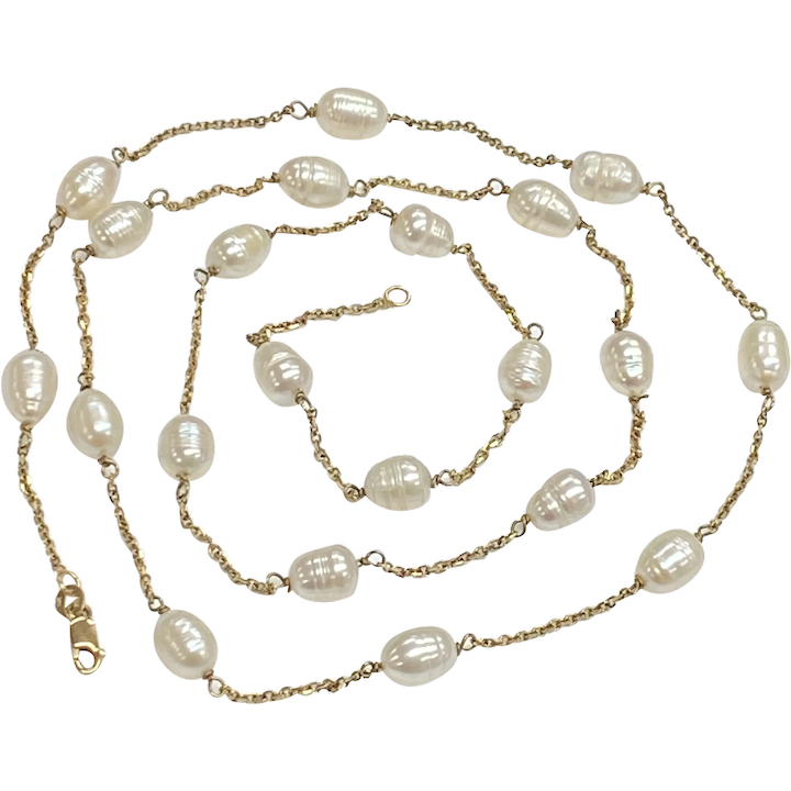 Baroque Cultured Pearl Station Necklace 31.5″