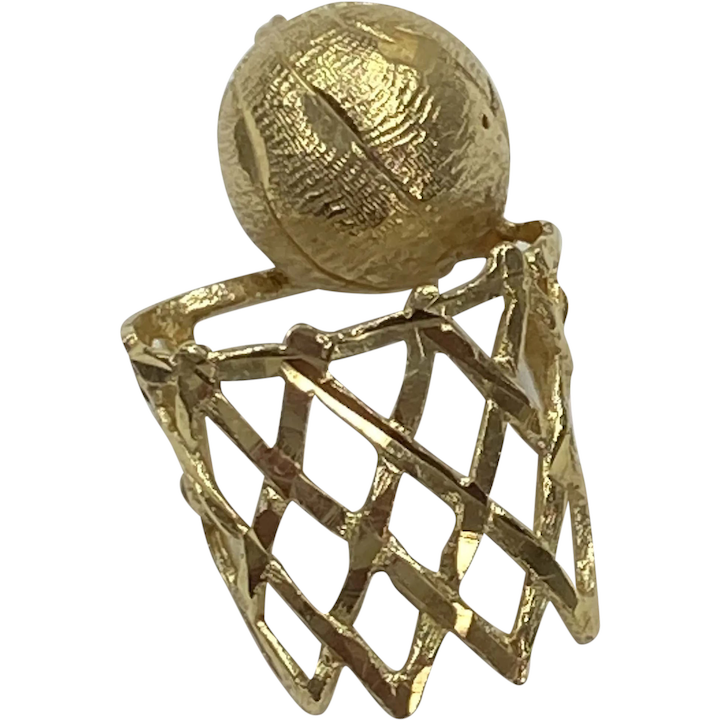 Basket Ball & Net Vintage Pendant Charm 14K Gold