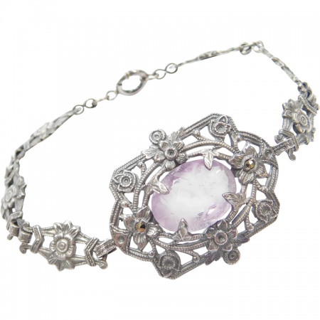 Beautiful Art Deco Floral Bracelet with Carved Amethyst Silver