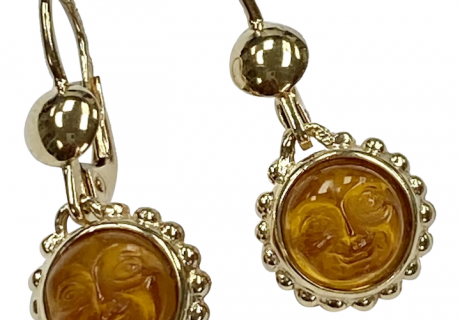 Benevolent Smiling SUN Dangle Earrings 14K Gold Molded Glass