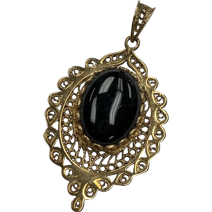 Big Filigree Vintage Pendant Gold On Sterling Silver and Onyx, Turkey