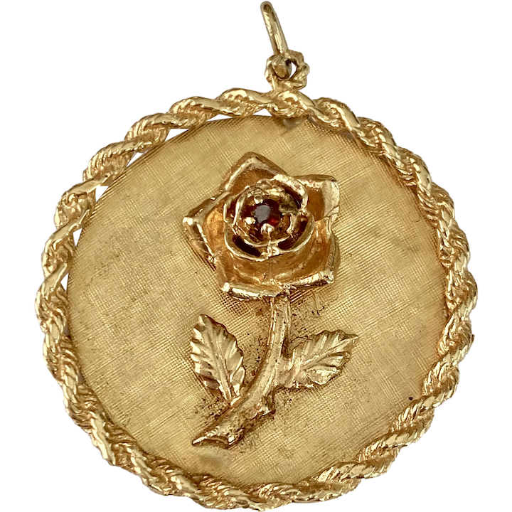 Big Jeweled ROSE Vintage Charm 14K Gold & Garnet
