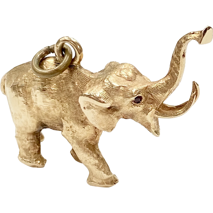 Big Lucky ELEPHANT Charm/Pendant SOLID 14K Gold & Ruby Three-Dimensional