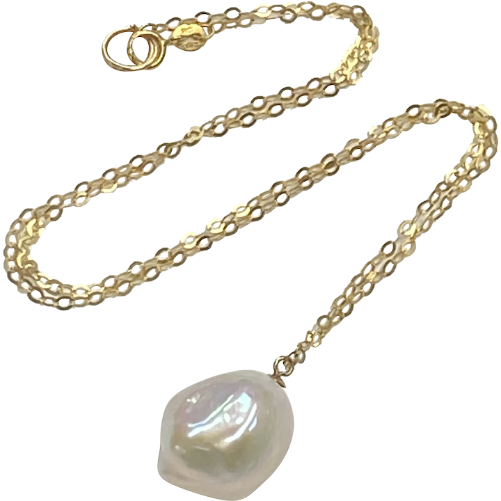 Big Natural Baroque Pearl Pendant Necklace 14K Gold 18 X 13 mm