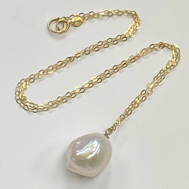 Big Natural Baroque Pearl Pendant Necklace 14K Gold 18 X 13 mm