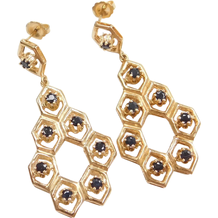 Big Natural Sapphire 1.60 ctw Dangle Earrings 14k Gold, Honeycomb Design