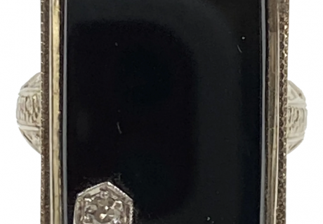 Big Rectangular ART DECO Ring 14K White Gold Onyx and Diamond