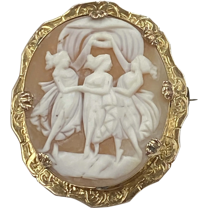Big Victorian Brooch Three Graces Cameo 10 and 14K Gold