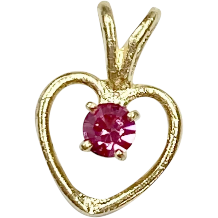 Tiny Birthstone Heart Charm/Pendant 14K Gold Faux Pink Tourmaline, October