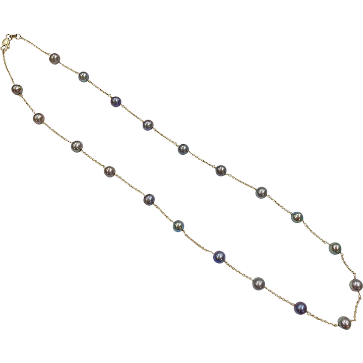 Black Cultured Pearl Station Necklace 14K Yellow Gold 5.5mm