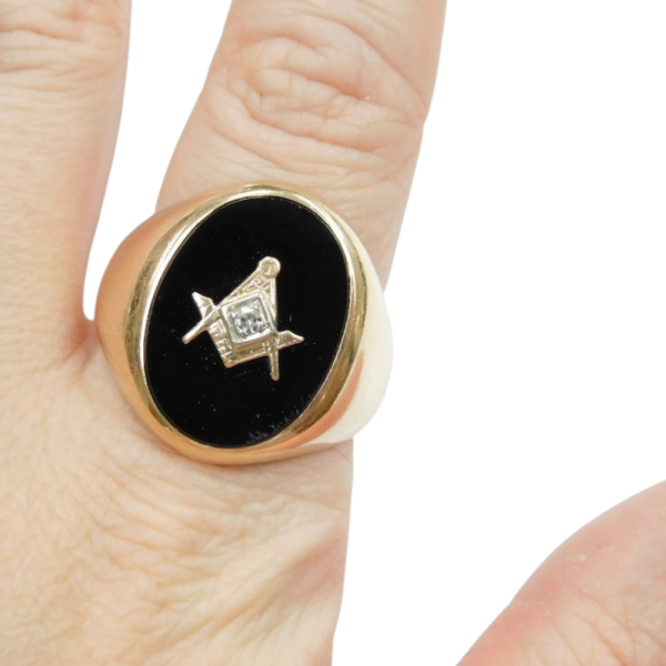 Black Onyx Masonic Vintage Men's Ring 14K Yellow Gold worn