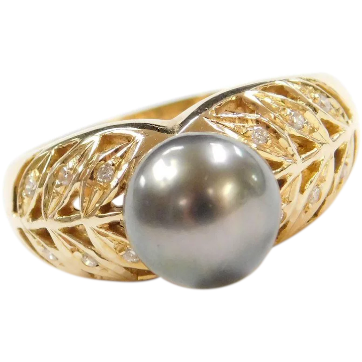 Black Tahitian Cultured Pearl & Diamond Ring 14K Gold