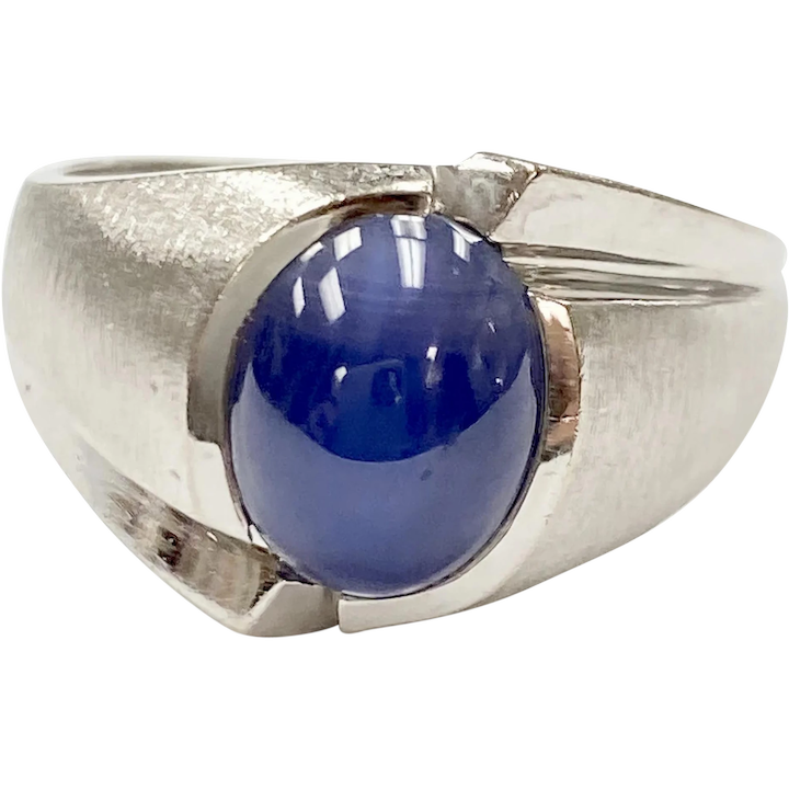 Blue Star Sapphire Vintage Ring 14K White Gold, Lab 4.0 Carats