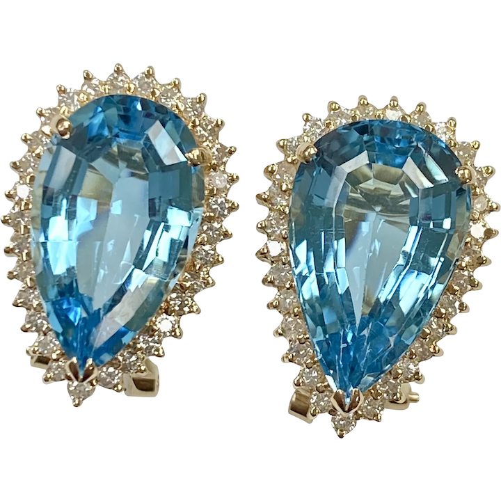 Blue Topaz Diamond Halo 15.10 Carats ctw Earrings 14K Gold