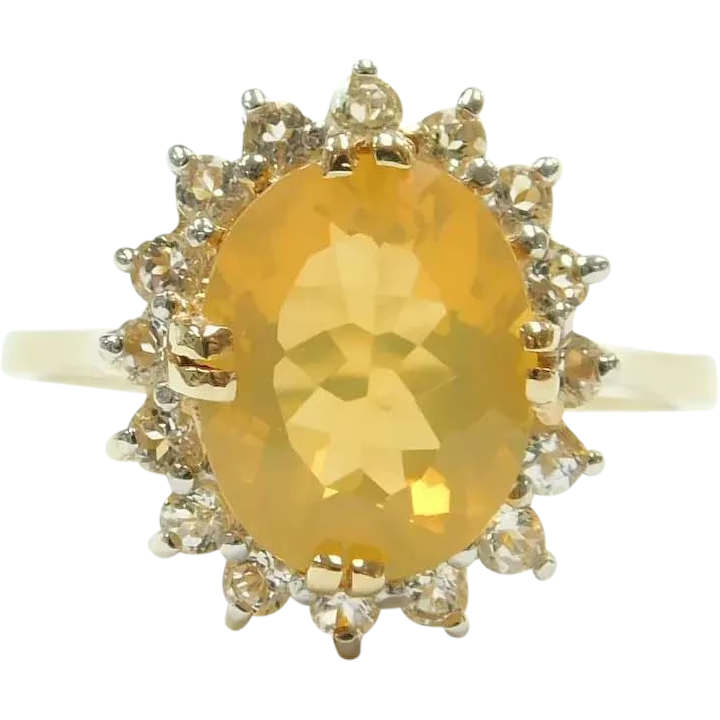 Brazilian Fire Opal and White Topaz 1.80 ctw Halo Ring 14k Gold