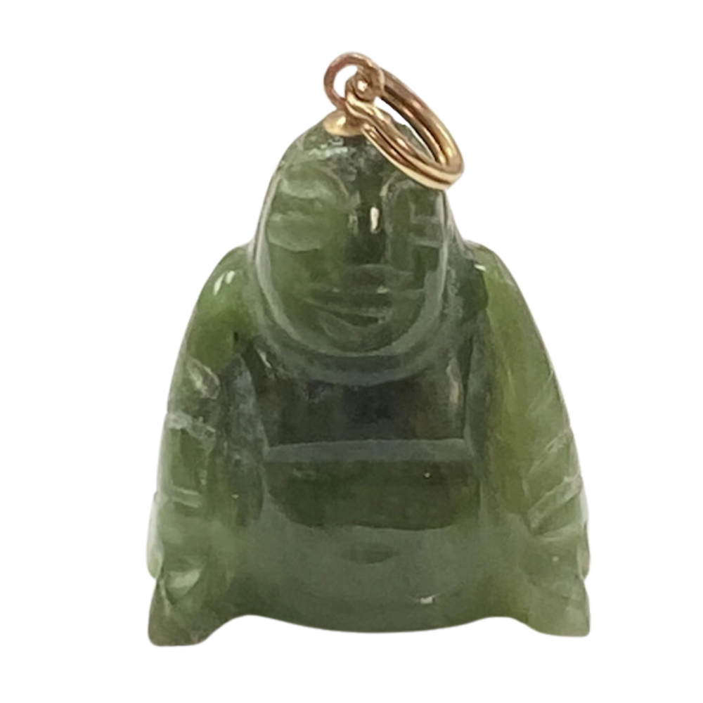 Carved Jade Laughing Buddha Vintage Charm 14K Gold
