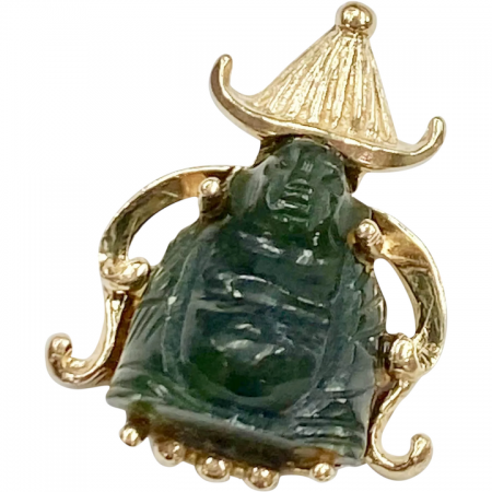 Carved Jade Small Buddha Pendant 14K Gold