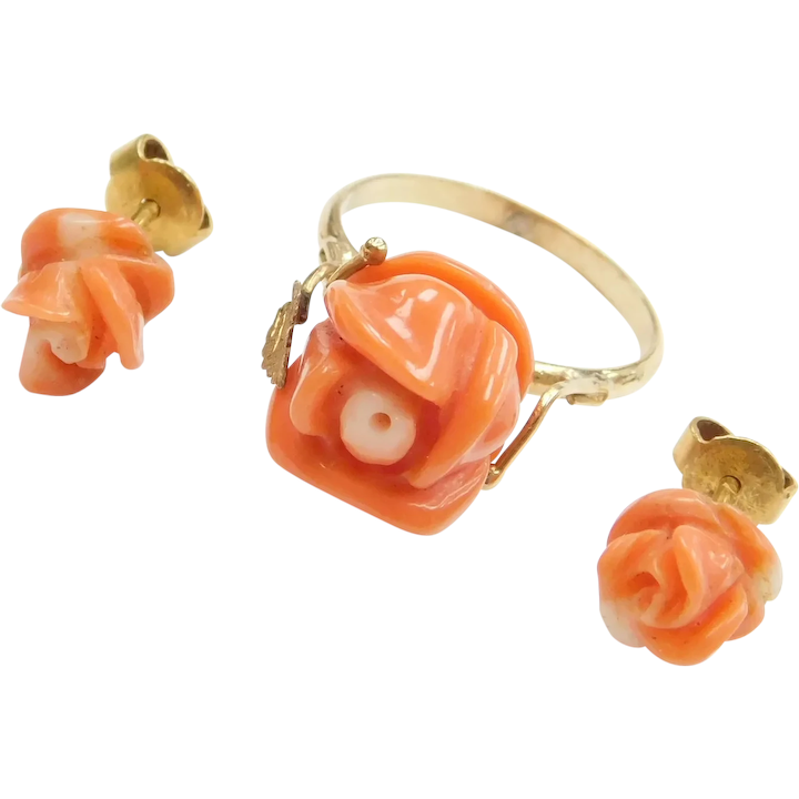 Carved Rose Flower Angel Skin Coral Ring and Stud Earrings Set 18k Gold