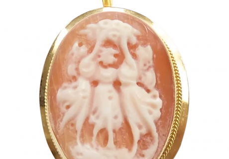 Carved Shell Cameo Three Graces Pendant / Pin / Brooch 18k Yellow Gold