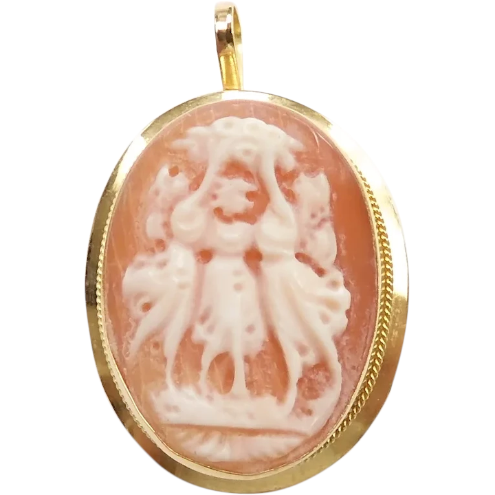 Carved Shell Cameo Three Graces Pendant / Pin / Brooch 18k Yellow Gold