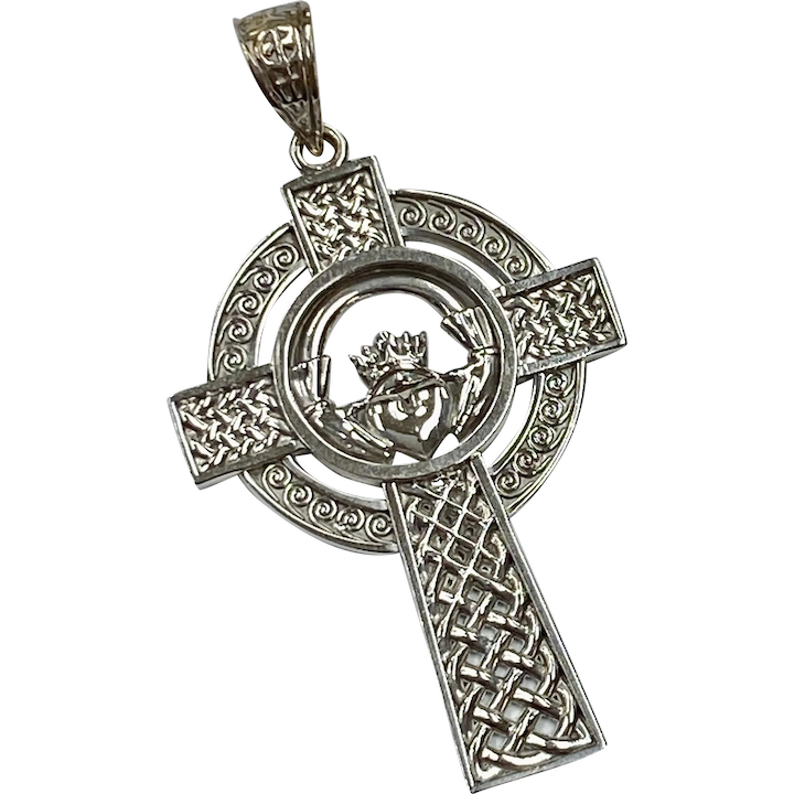 14KT White Gold Celtic Cross Pendant Figaro Chain – House of Claddagh Irish  Collections