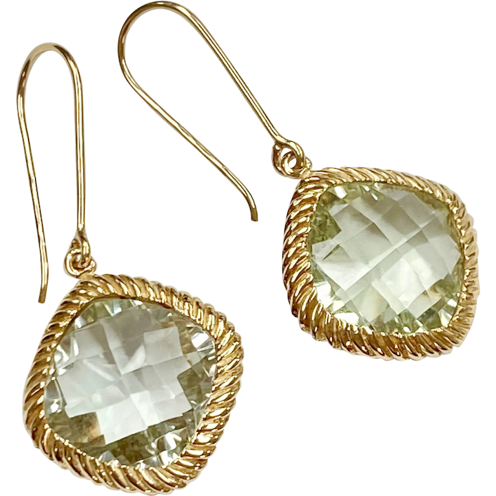 Checkerboard Faceted Parsiolite 21.0 Carat Dangle Earrings 10K Gold