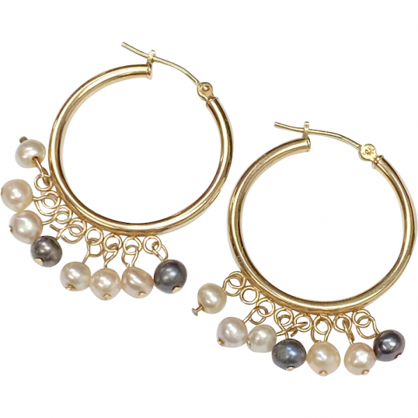 Classic Hoop Earrings with Cultured Pearl Dangles 14K Gold