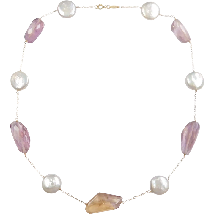 Coin Pearl Amethyst and Ametrine Station Necklace 14k Gold