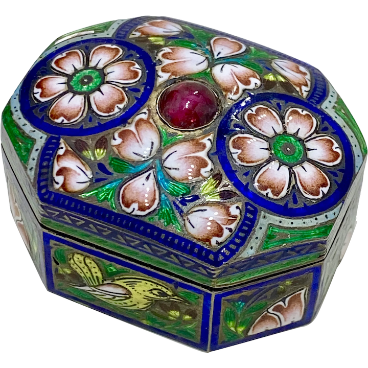 Colorful Champlevé Enamel Box Gold Gilt on Sterling Silver, Tourmaline Accent