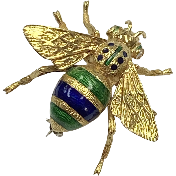 Colorful Enameled BEE Pin Brooch 18K Gold and Diamond .05 ct, Italy